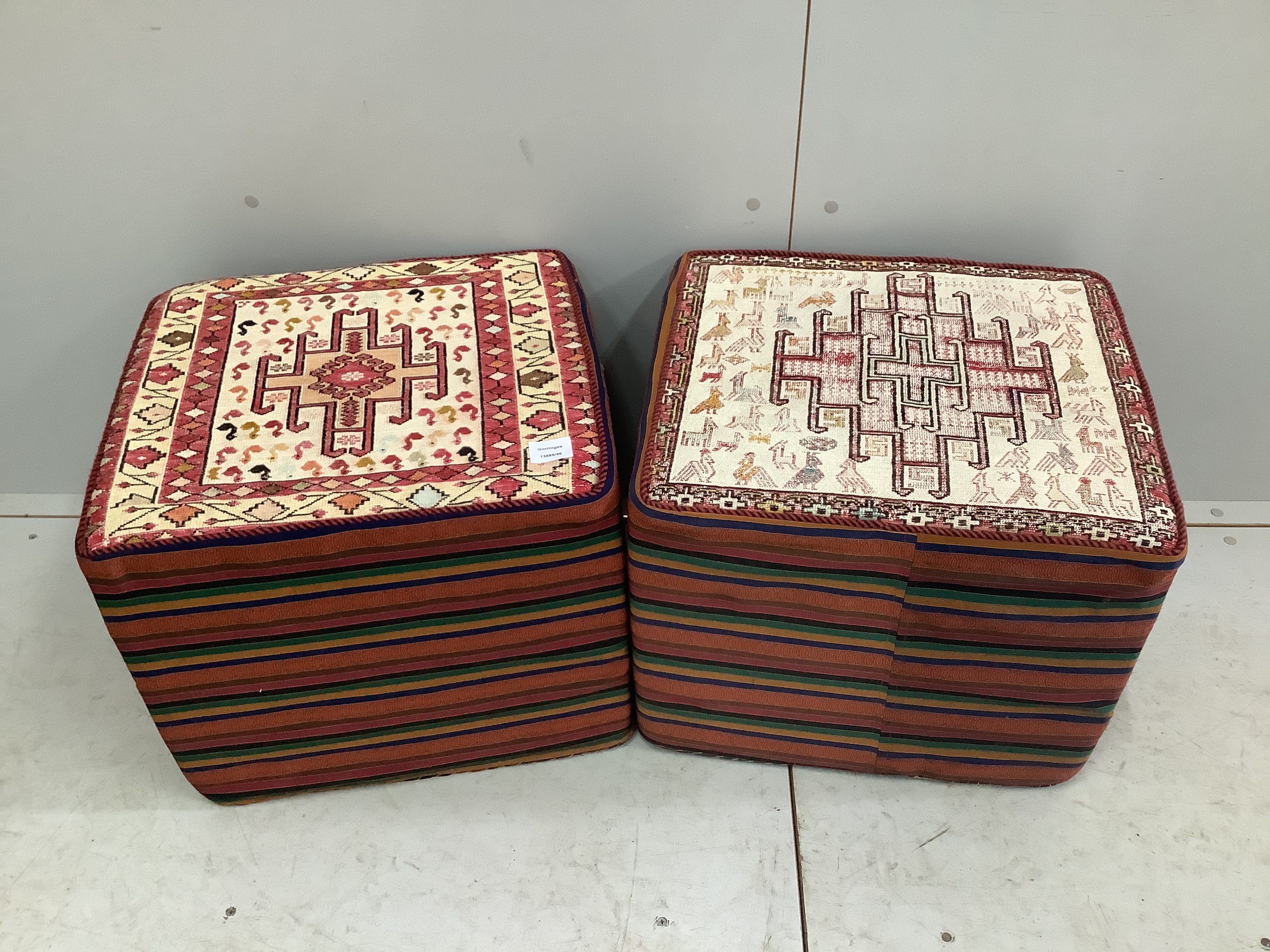 Two Kilim square pouffes, width 48cm, height 40cm